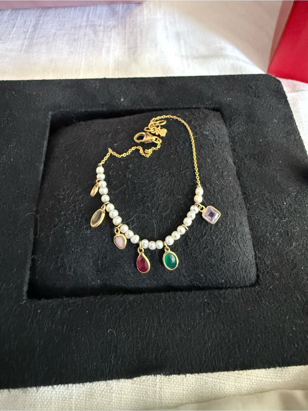 Gold Pearl Charm Necklace with Multicolor Gemstone Drops